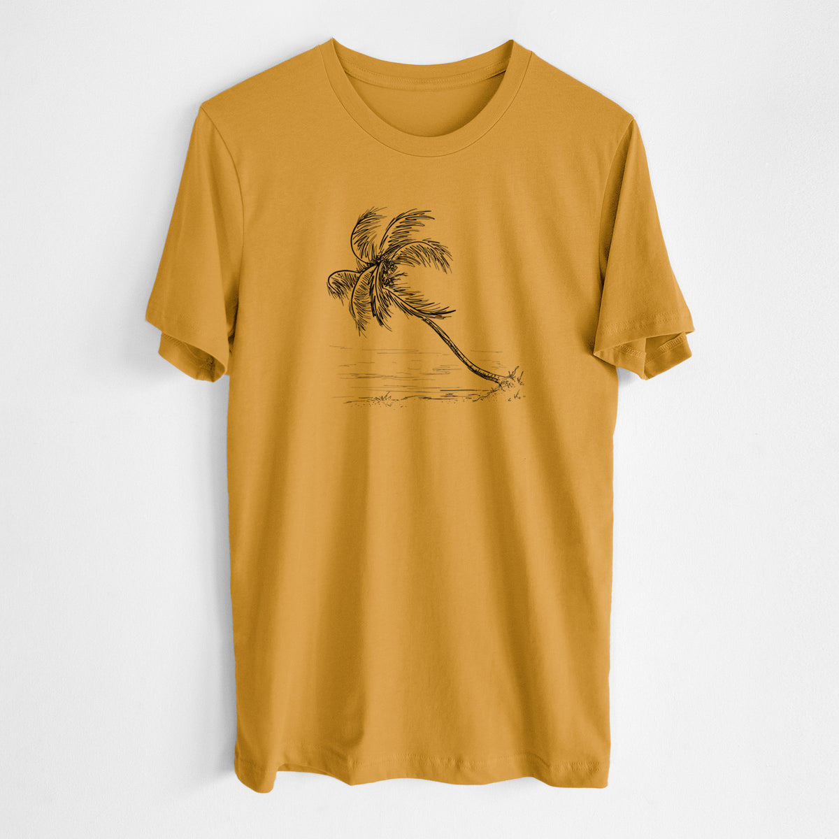 Honeycomb yellow lightweight cotton t-shirt laid flat, printed with a black ink illustration of a coconut palm leaning over a sandy beach.