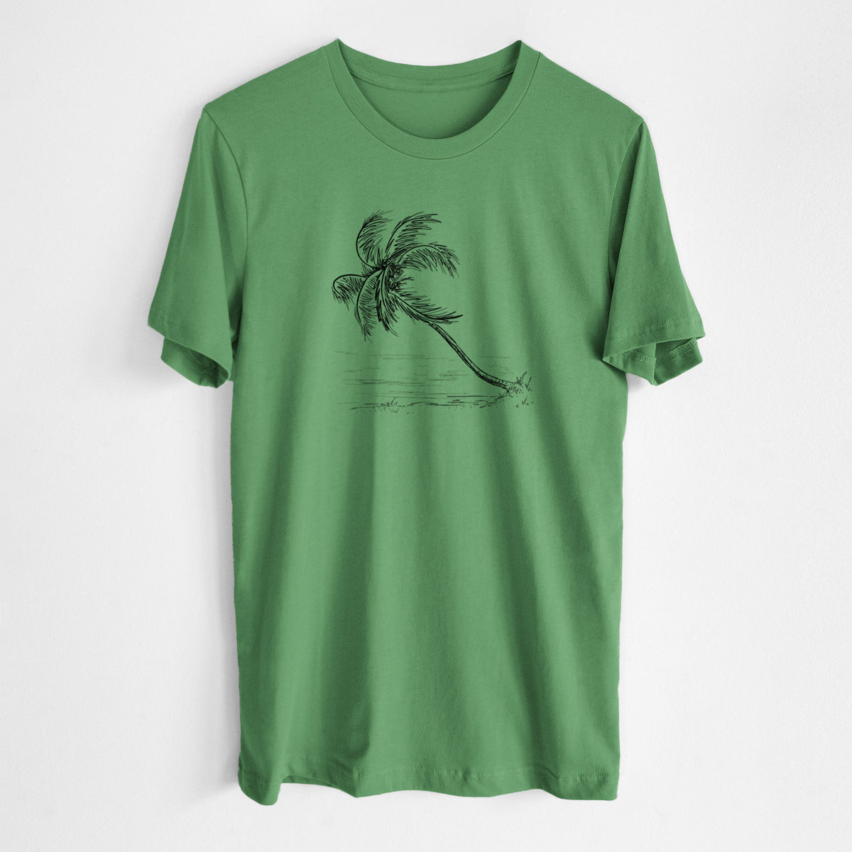 Leaf green lightweight cotton t-shirt laid flat, printed with a black ink illustration of a coconut palm leaning over a sandy beach.