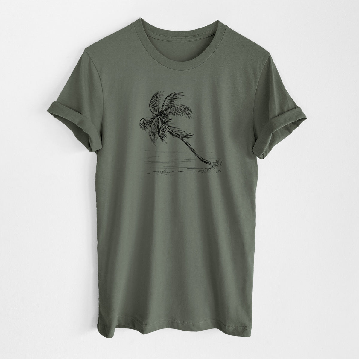Military green lightweight cotton t-shirt laid flat, printed with a black ink illustration of a coconut palm leaning over a sandy beach.