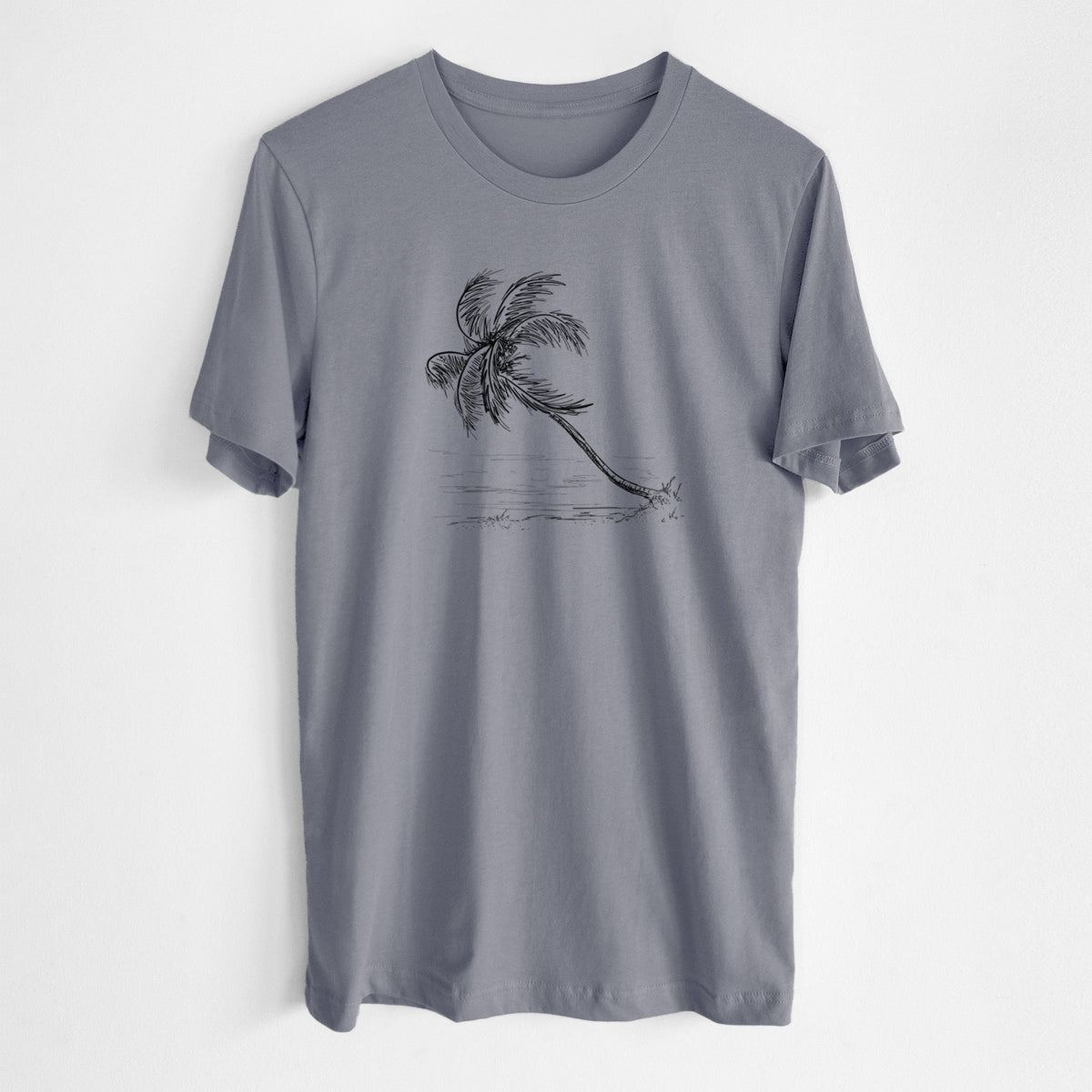 Storm grey lightweight cotton t-shirt laid flat, printed with a black ink illustration of a coconut palm leaning over a sandy beach.