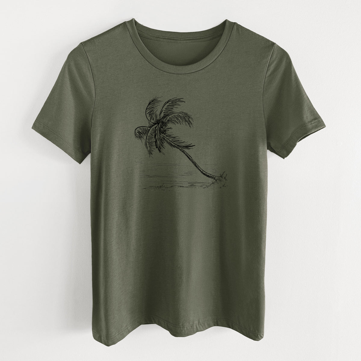 Military green women's relaxed fit cotton t-shirt laid flat, printed with a black ink illustration of a coconut palm leaning over a sandy beach.