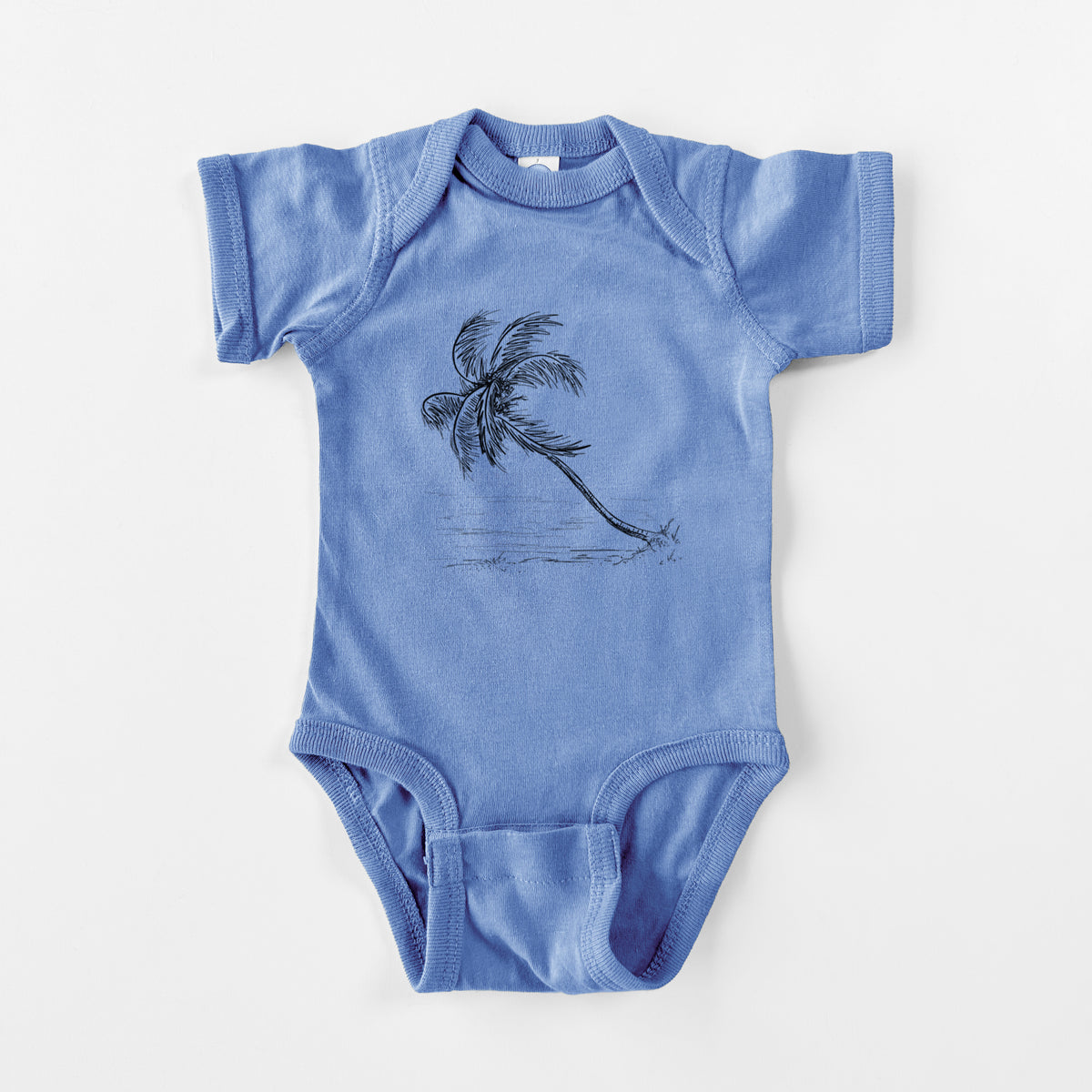 Carolina blue baby bodysuit laid flat, printed with a black ink illustration of a coconut palm leaning over a sandy beach.