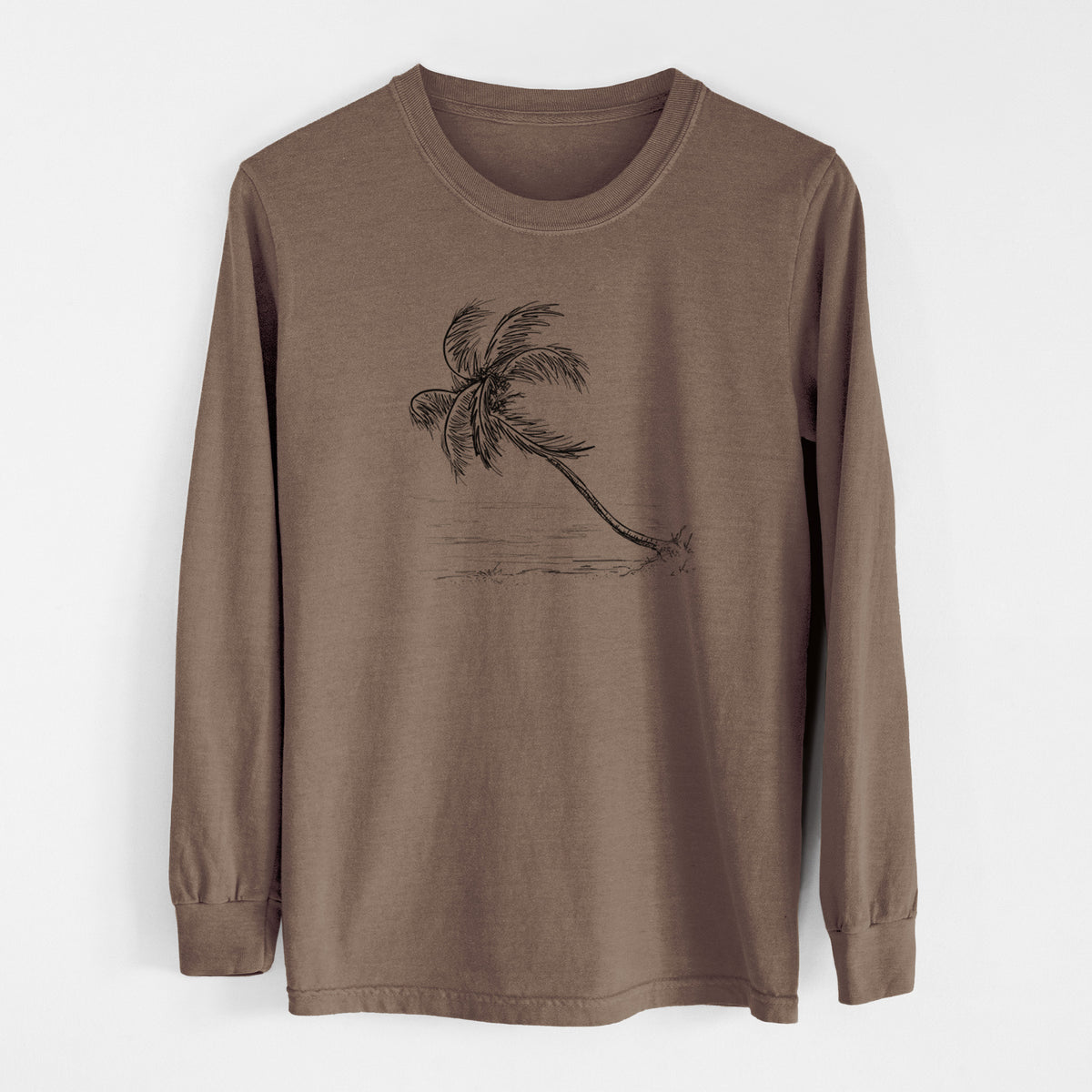 Espresso brown Comfort Colors long sleeve shirt laid flat, printed with a black ink illustration of a coconut palm leaning over a sandy beach.
