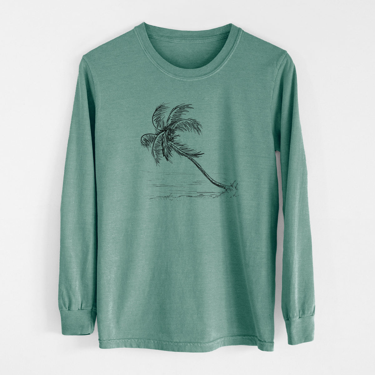 Pine green Comfort Colors long sleeve shirt laid flat, printed with a black ink illustration of a coconut palm leaning over a sandy beach.