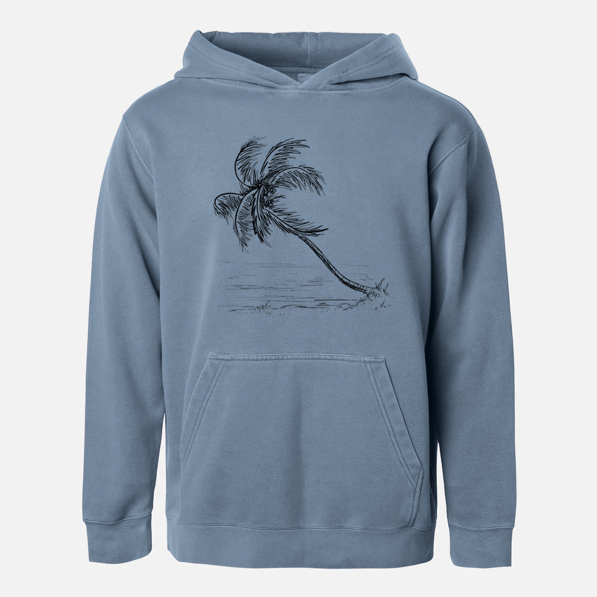 Slate blue youth pigment dyed hoodie laid flat, printed with a black ink illustration of a coconut palm leaning over a sandy beach.