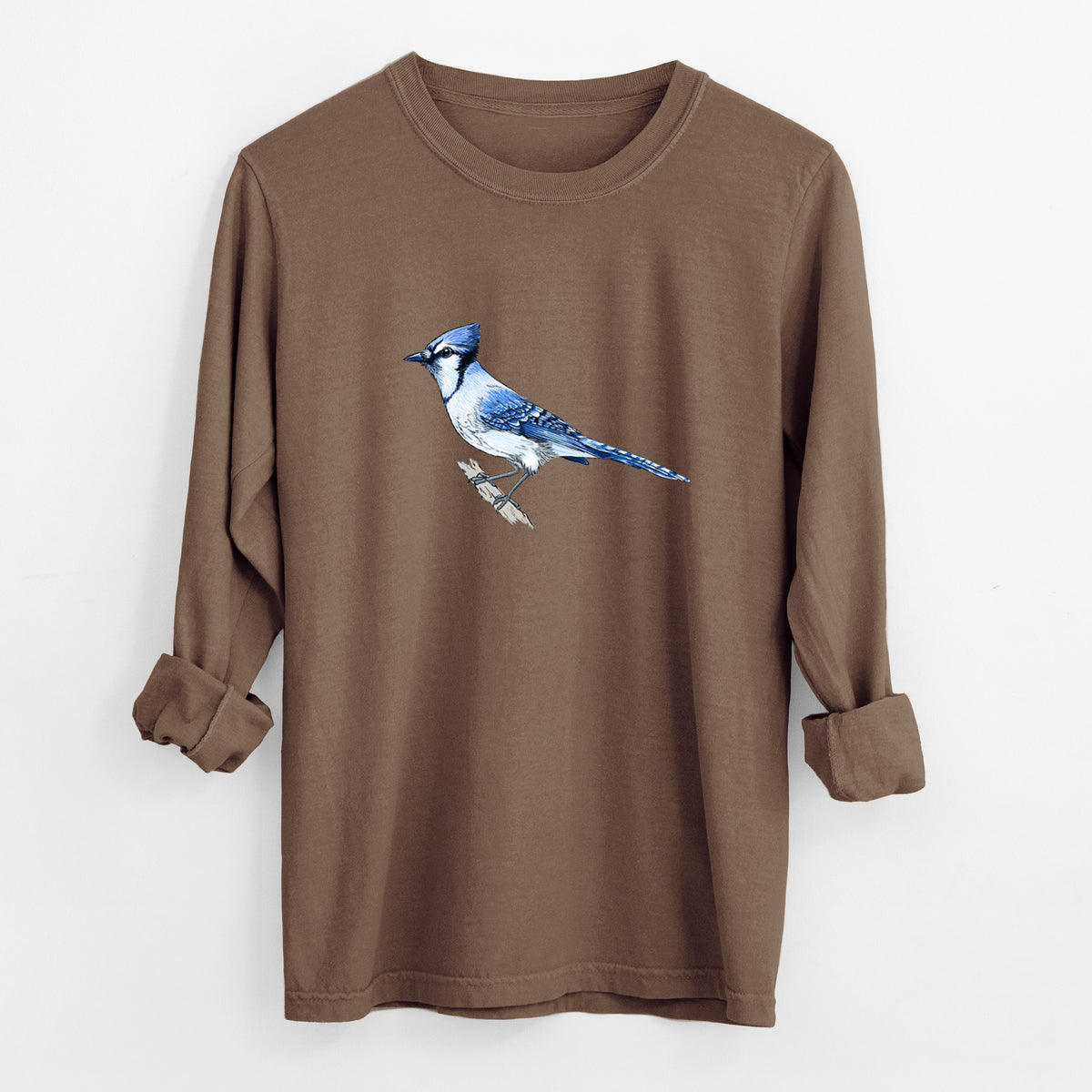 Espresso brown Comfort Colors long sleeve shirt laid flat with the cuffs rolled, printed with a full-color illustration of a blue jay perched on a branch.