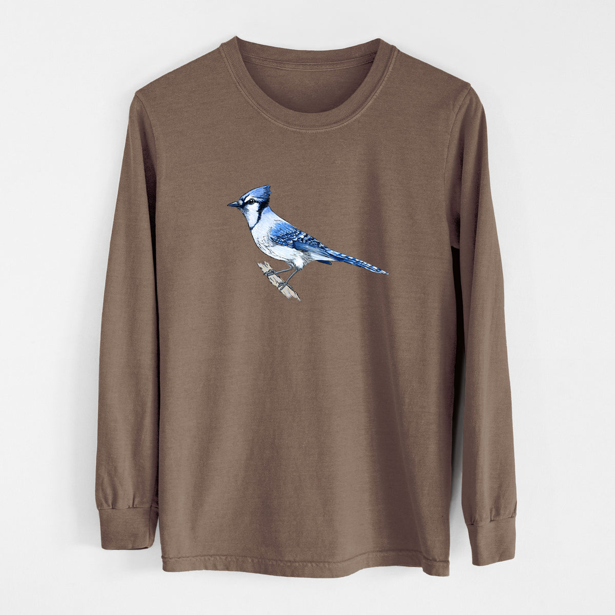 Espresso brown Comfort Colors long sleeve shirt laid flat, printed with a full-color illustration of a blue jay perched on a branch.