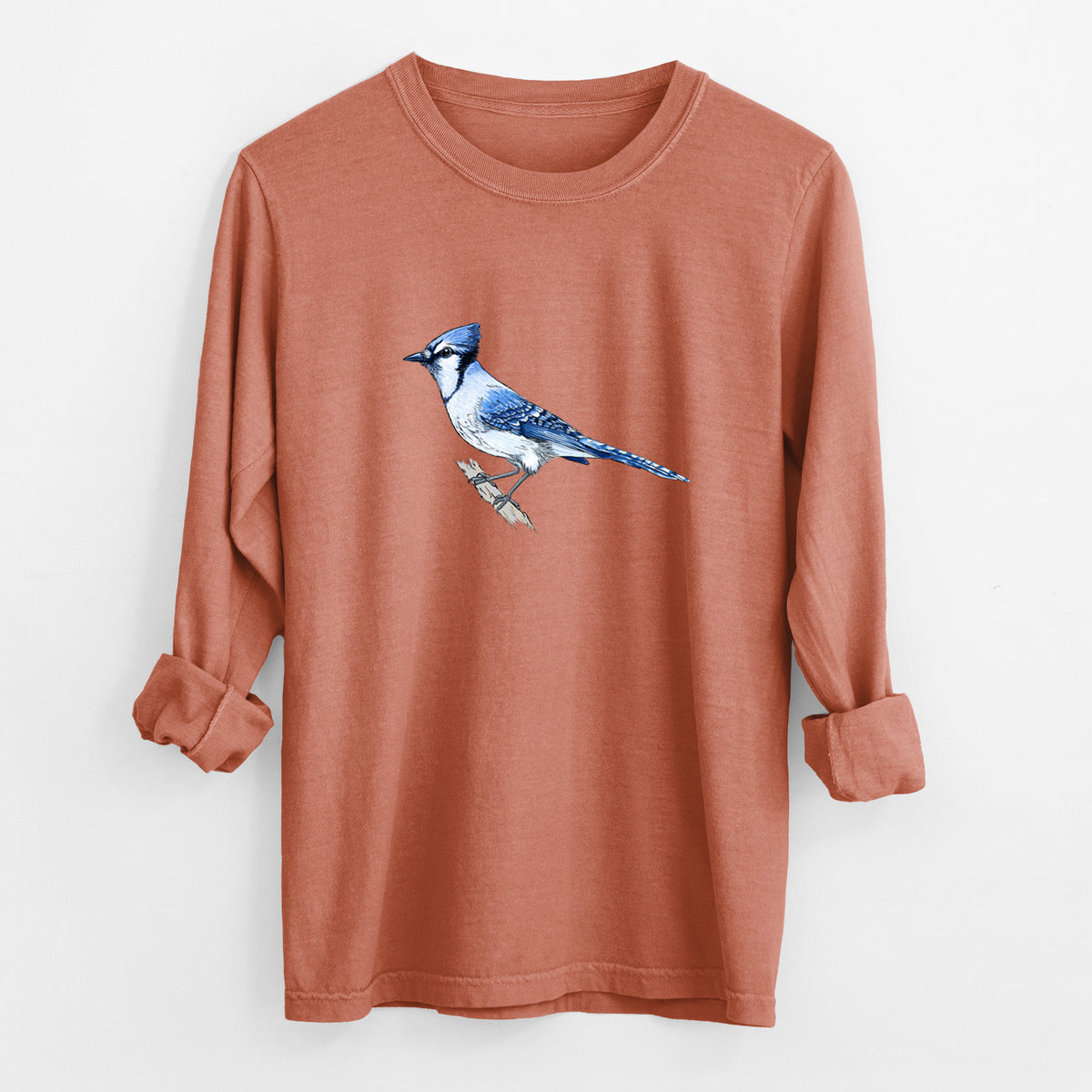 Yam burnt orange Comfort Colors long sleeve shirt laid flat with the cuffs rolled, printed with a full-color illustration of a blue jay perched on a branch.