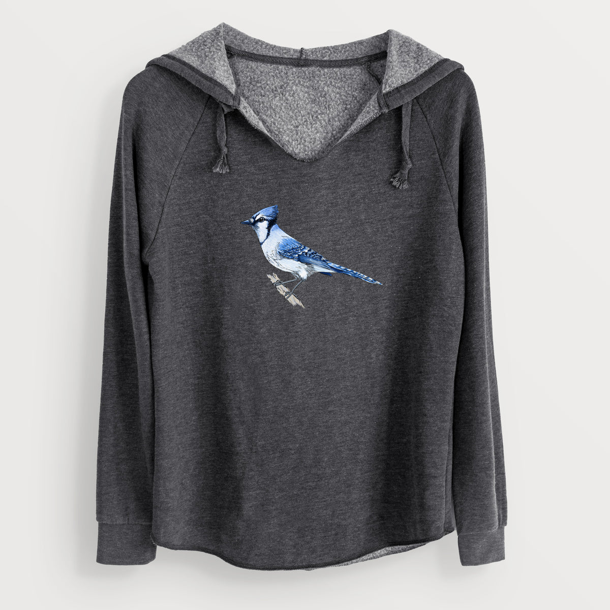 Charcoal grey women's Cali Wave hooded sweatshirt laid flat, printed with a full-color illustration of a blue jay perched on a branch.