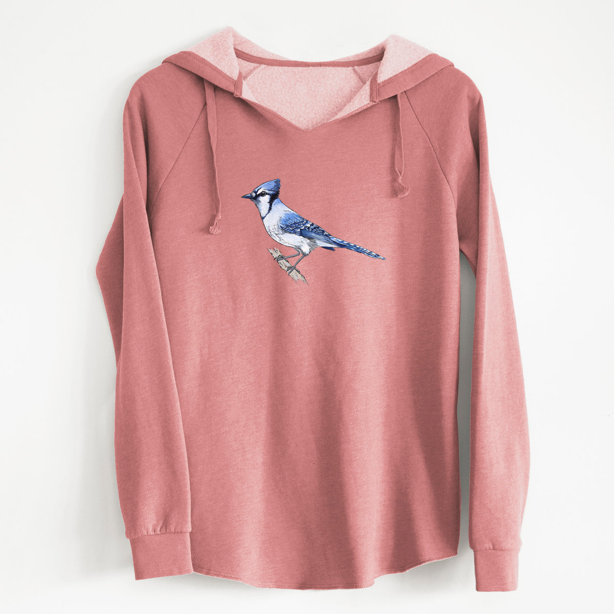 Dusty rose women's Cali Wave hooded sweatshirt laid flat, printed with a full-color illustration of a blue jay perched on a branch.