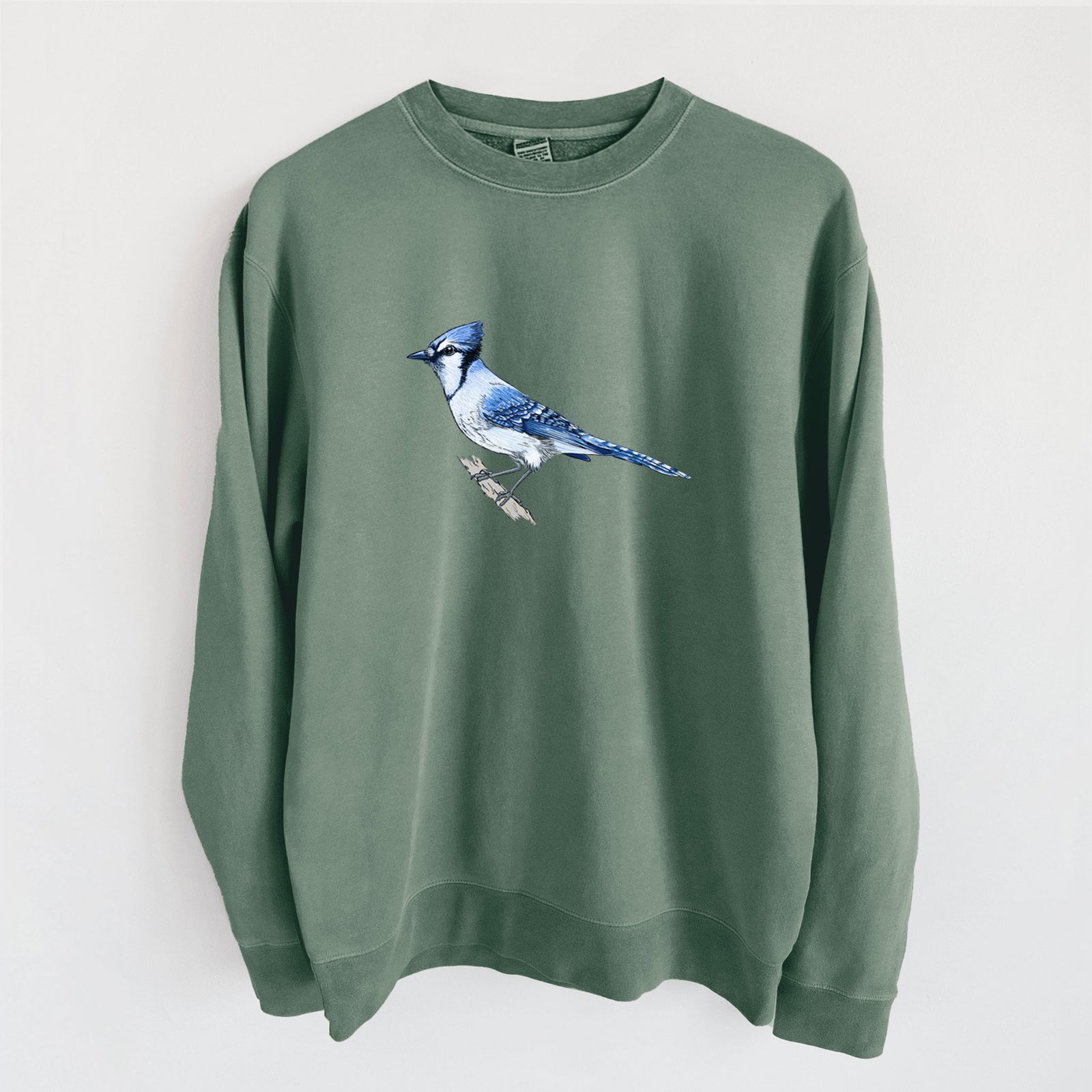 Vibrant Blue Jay - Cyanocitta cristata - Unisex Pigment Dyed Crew Sweatshirt in Alpine Green