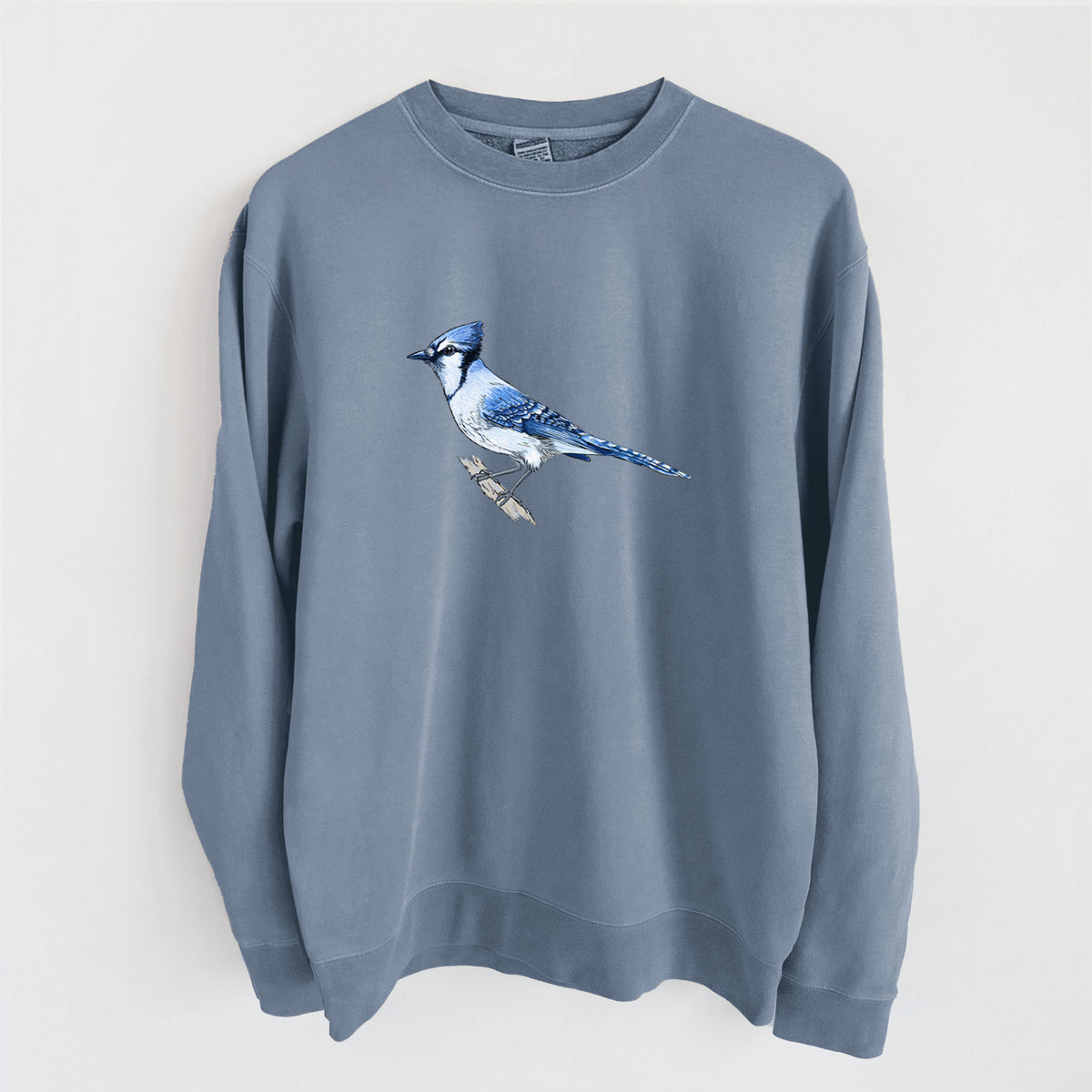 Vibrant Blue Jay - Cyanocitta cristata - Unisex Pigment Dyed Crew Sweatshirt in Slate Blue