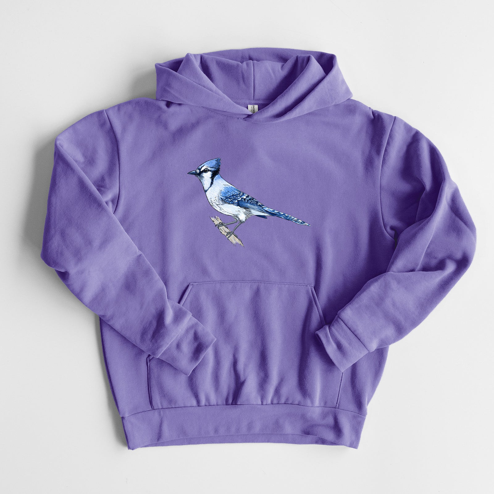 Vibrant Blue Jay - Cyanocitta cristata - Statement Midweight Hoodie in Violet, laid flat, showing the oversized boxy fit and front kangaroo pocket.