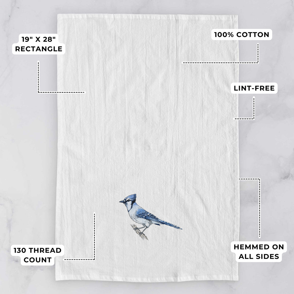 White tea towel printed with a full-color illustration of a blue jay perched on a branch, with feature labels: 19 by 28 inch rectangle, 100% cotton, lint-free, 130 thread count, hemmed on all sides.