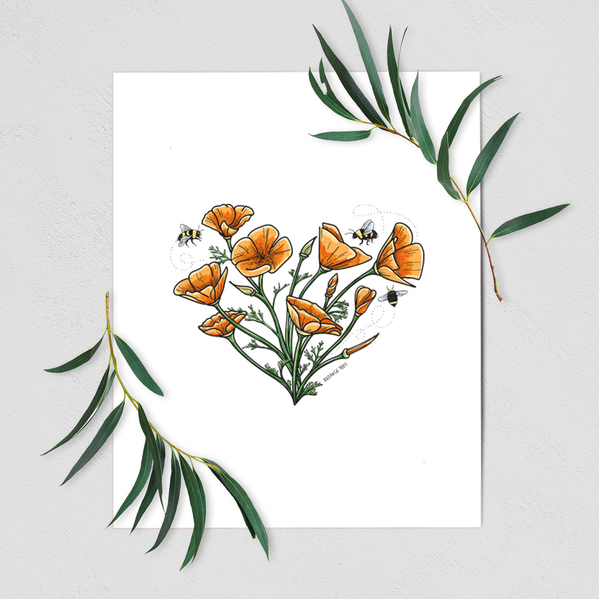 Art print of a full-color bouquet of orange California poppies arranged in a heart shape, with small bees, shown with eucalyptus leaves.