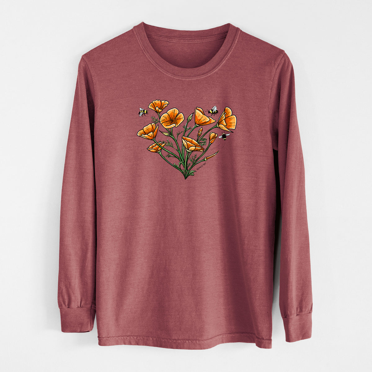 Brick red Comfort Colors long sleeve shirt laid flat, printed with a full-color bouquet of orange California poppies arranged in a heart shape, with small bees.