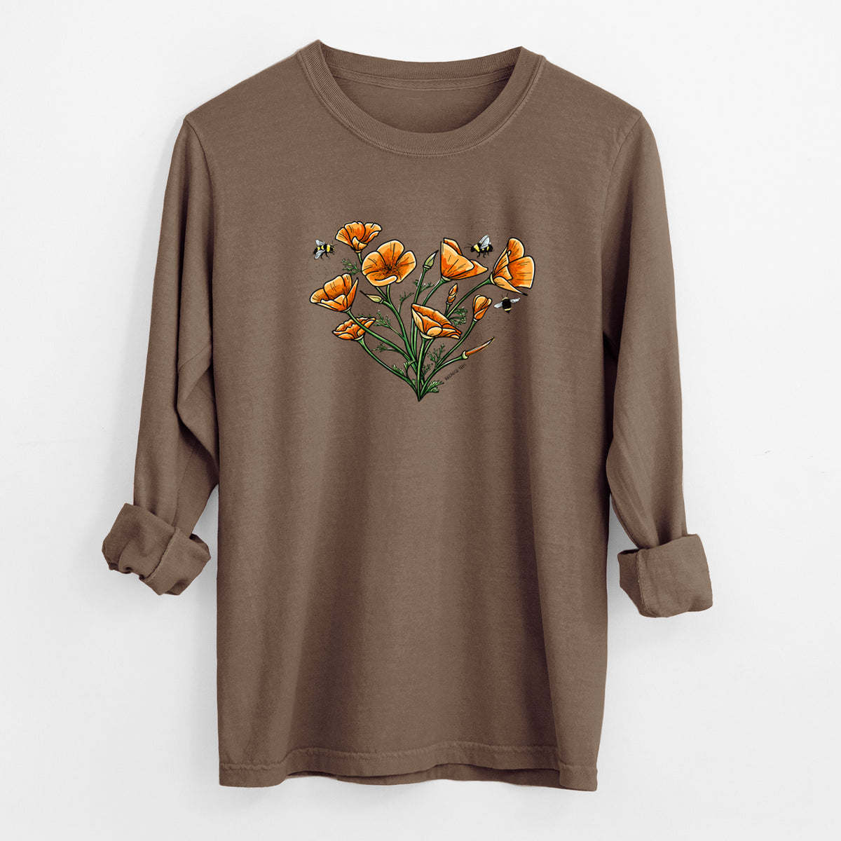 Espresso brown Comfort Colors long sleeve shirt laid flat with the cuffs rolled, printed with a full-color bouquet of orange California poppies arranged in a heart shape, with small bees.