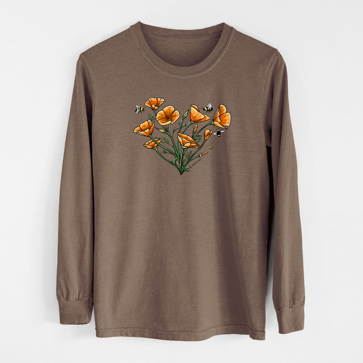 Espresso brown Comfort Colors long sleeve shirt laid flat, printed with a full-color bouquet of orange California poppies arranged in a heart shape, with small bees.