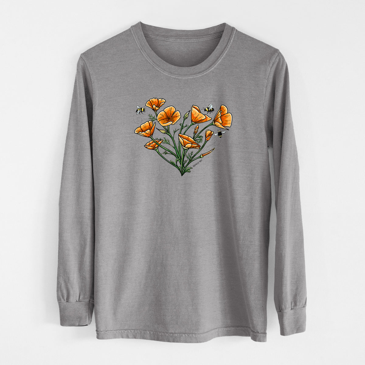 Grey Comfort Colors long sleeve shirt laid flat, printed with a full-color bouquet of orange California poppies arranged in a heart shape, with small bees.