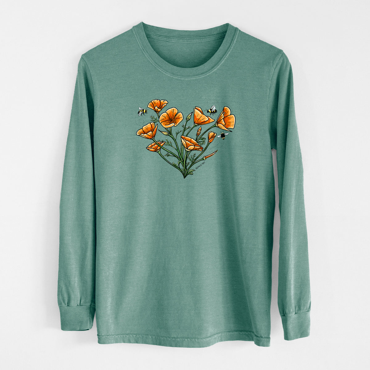Pine green Comfort Colors long sleeve shirt laid flat, printed with a full-color bouquet of orange California poppies arranged in a heart shape, with small bees.