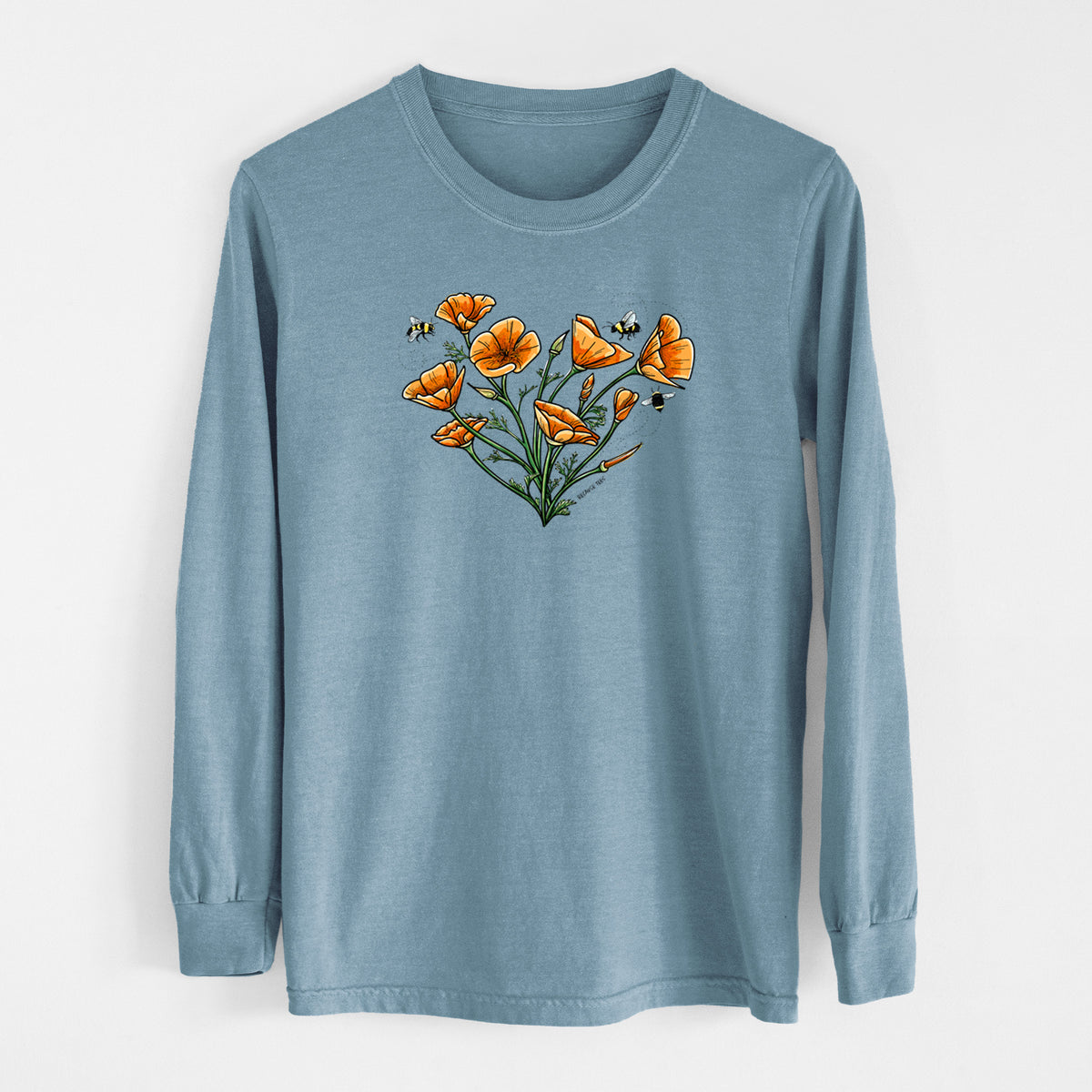 Steel blue Comfort Colors long sleeve shirt laid flat, printed with a full-color bouquet of orange California poppies arranged in a heart shape, with small bees.