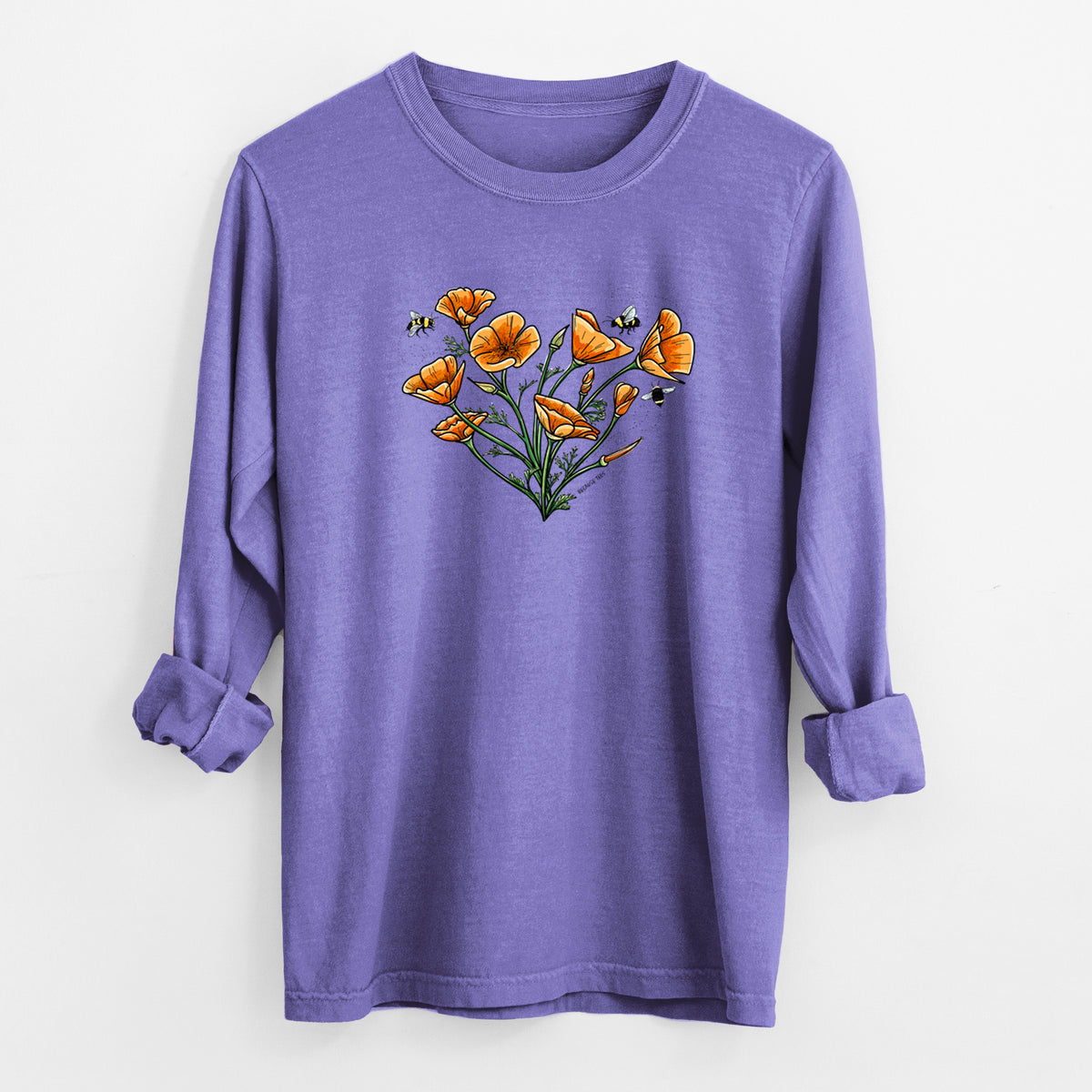 Violet purple Comfort Colors long sleeve shirt laid flat with the cuffs rolled, printed with a full-color bouquet of orange California poppies arranged in a heart shape, with small bees.