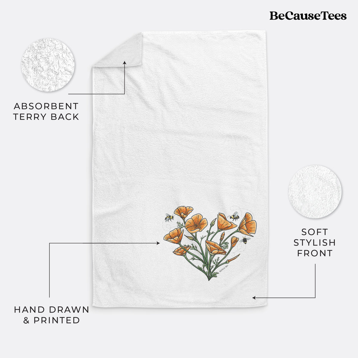 White hand towel printed with a full-color bouquet of orange California poppies arranged in a heart shape, with small bees.