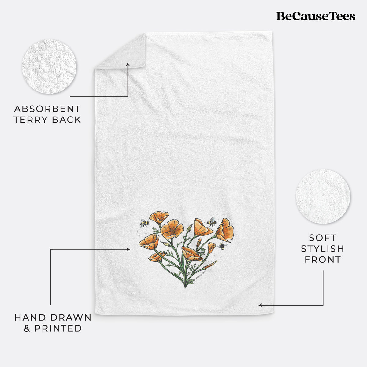 White hand towel printed with a full-color bouquet of orange California poppies arranged in a heart shape, with small bees.