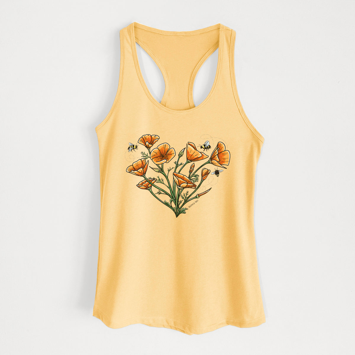 Banana cream women's racerback tank top laid flat, printed with a full-color bouquet of orange California poppies arranged in a heart shape, with small bees.