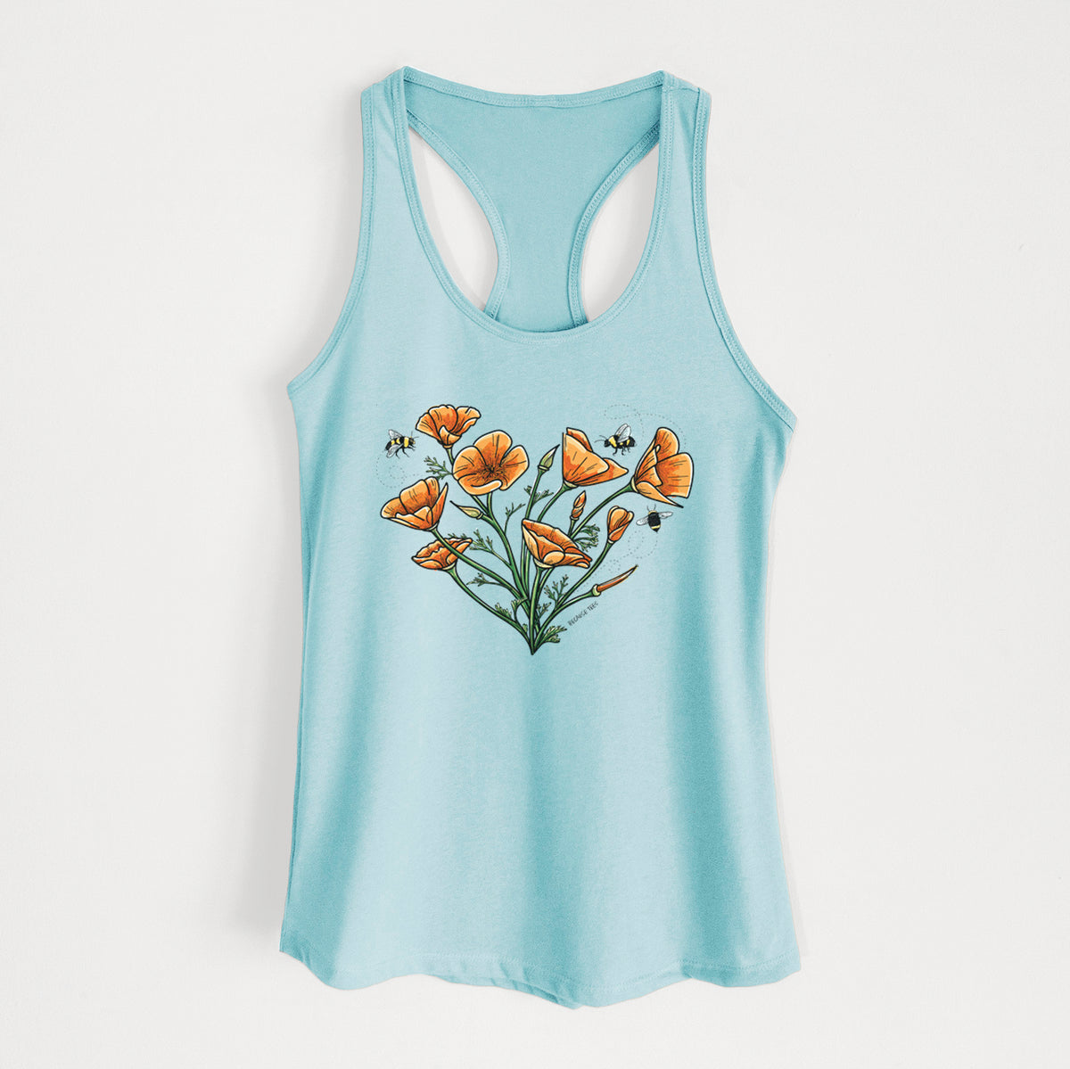 Cancun blue women's racerback tank top laid flat, printed with a full-color bouquet of orange California poppies arranged in a heart shape, with small bees.