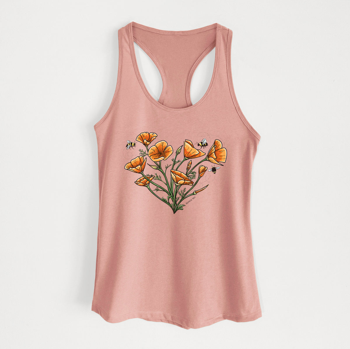 Desert pink women's racerback tank top laid flat, printed with a full-color bouquet of orange California poppies arranged in a heart shape, with small bees.