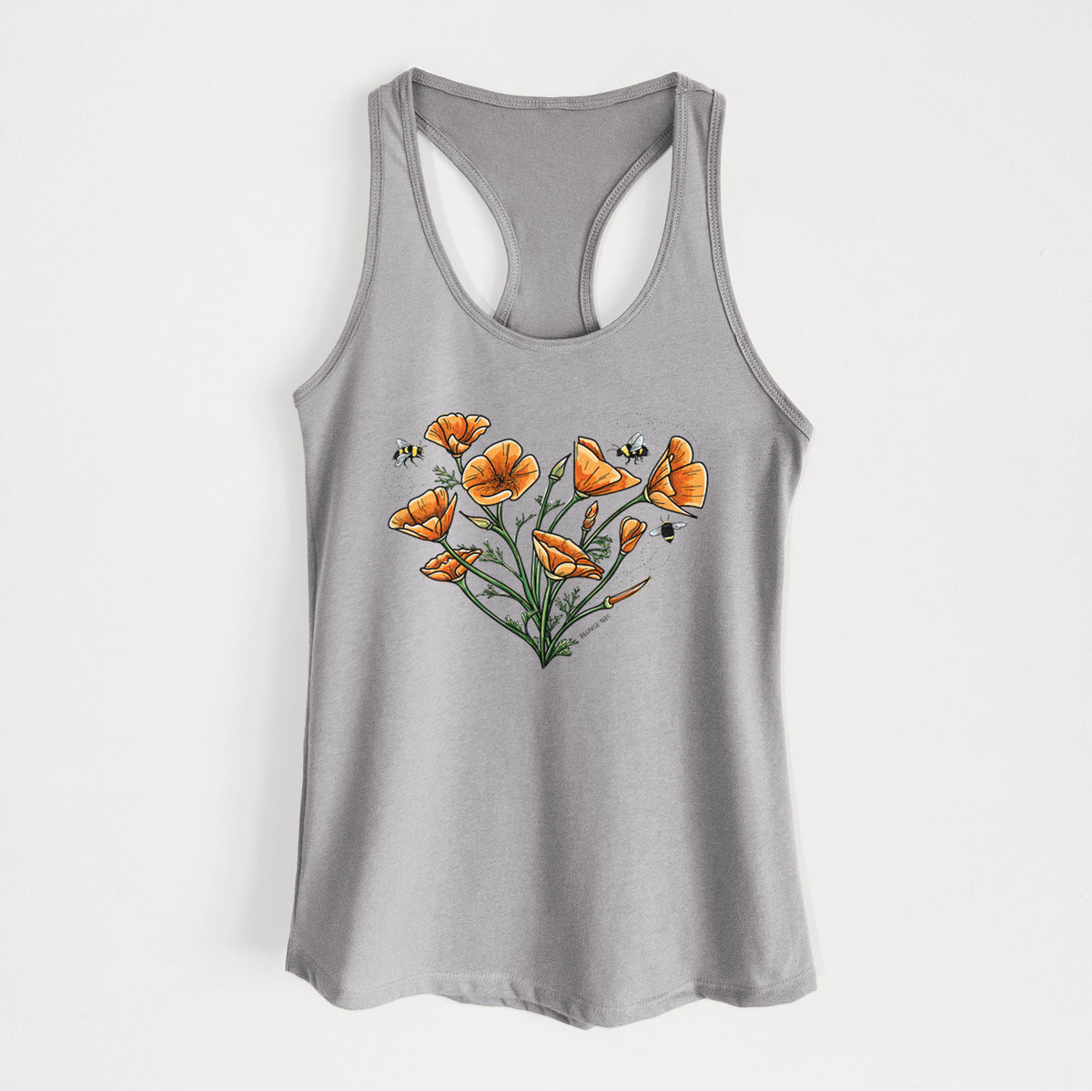 Heather grey women's racerback tank top laid flat, printed with a full-color bouquet of orange California poppies arranged in a heart shape, with small bees.