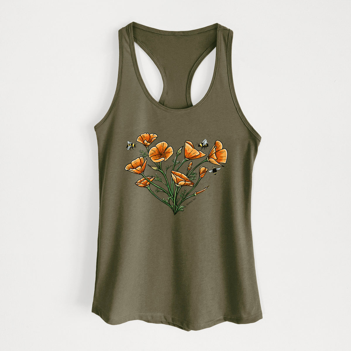 Military green women's racerback tank top laid flat, printed with a full-color bouquet of orange California poppies arranged in a heart shape, with small bees.