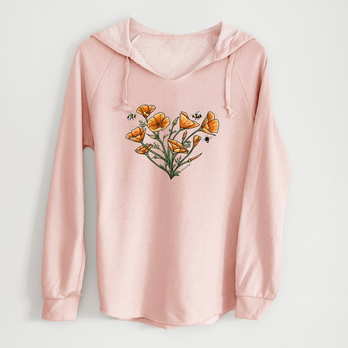 Blush pink women's Cali Wave hooded sweatshirt laid flat, printed with a full-color bouquet of orange California poppies arranged in a heart shape, with small bees.