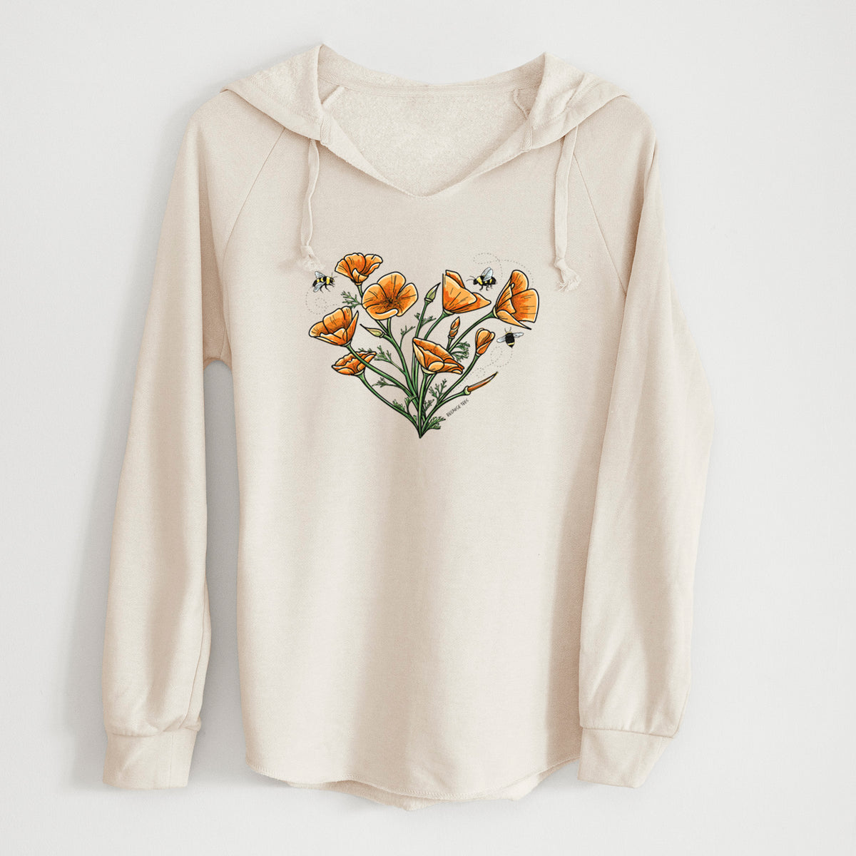 Bone cream women's Cali Wave hooded sweatshirt laid flat, printed with a full-color bouquet of orange California poppies arranged in a heart shape, with small bees.