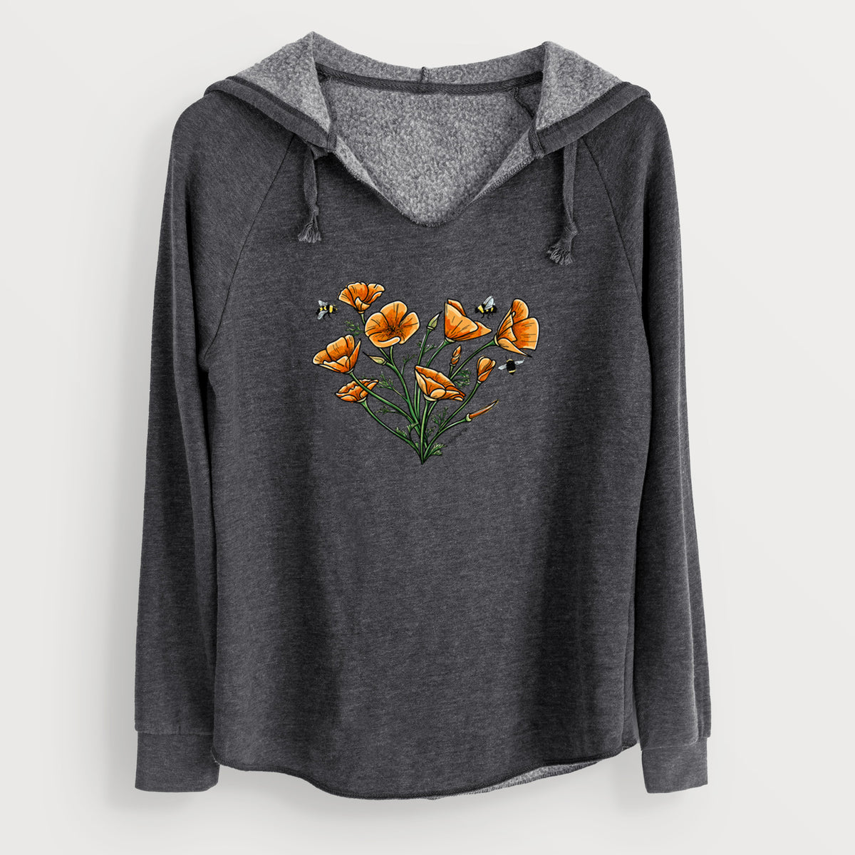 Charcoal grey women's Cali Wave hooded sweatshirt laid flat, printed with a full-color bouquet of orange California poppies arranged in a heart shape, with small bees.