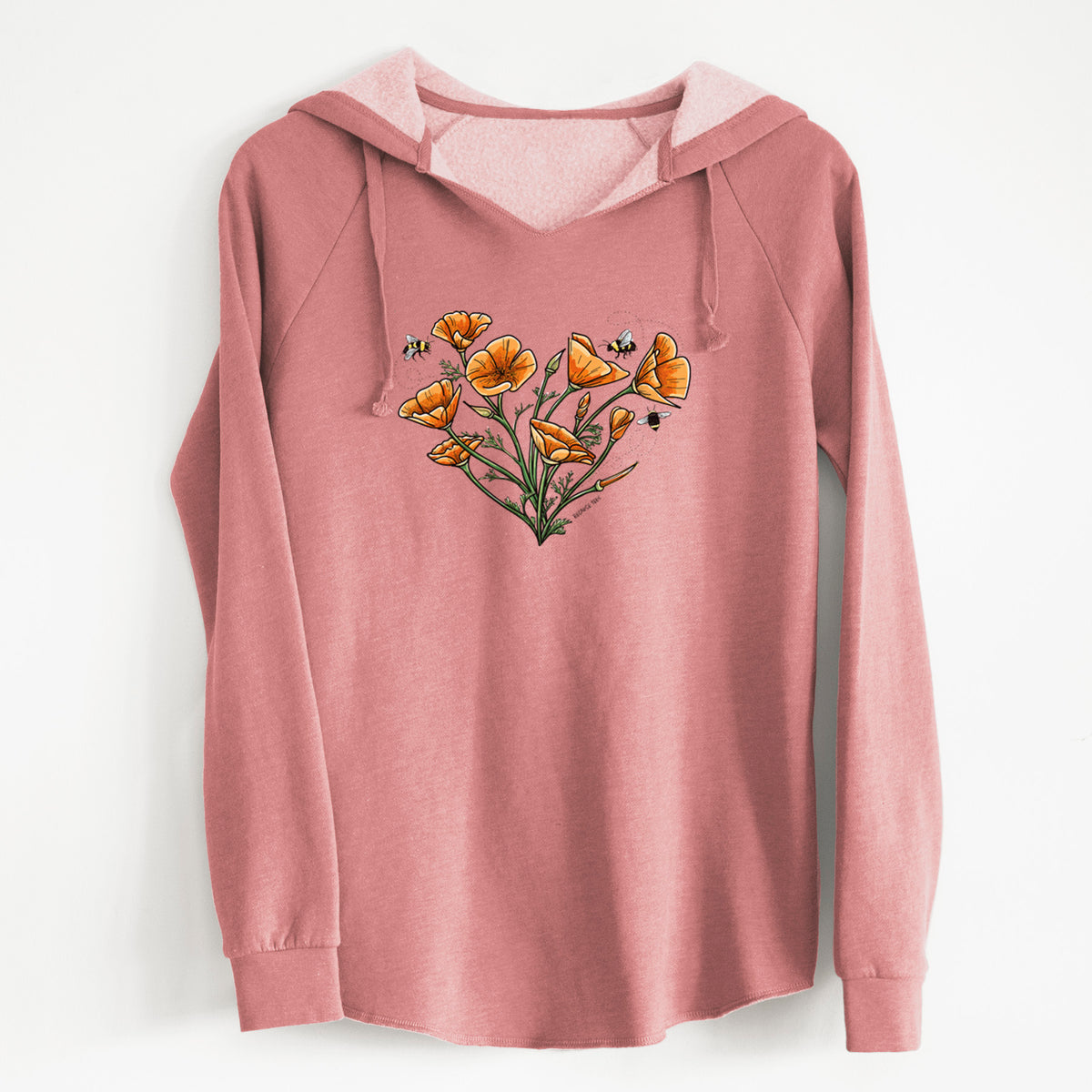 Dusty rose women's Cali Wave hooded sweatshirt laid flat, printed with a full-color bouquet of orange California poppies arranged in a heart shape, with small bees.