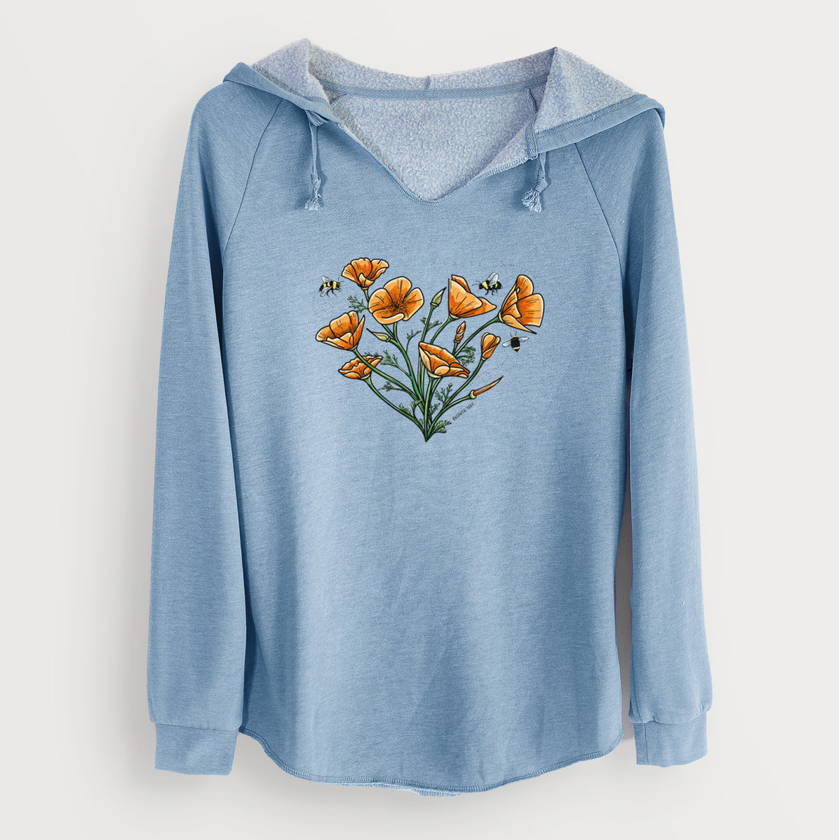 Misty blue women's Cali Wave hooded sweatshirt laid flat, printed with a full-color bouquet of orange California poppies arranged in a heart shape, with small bees.