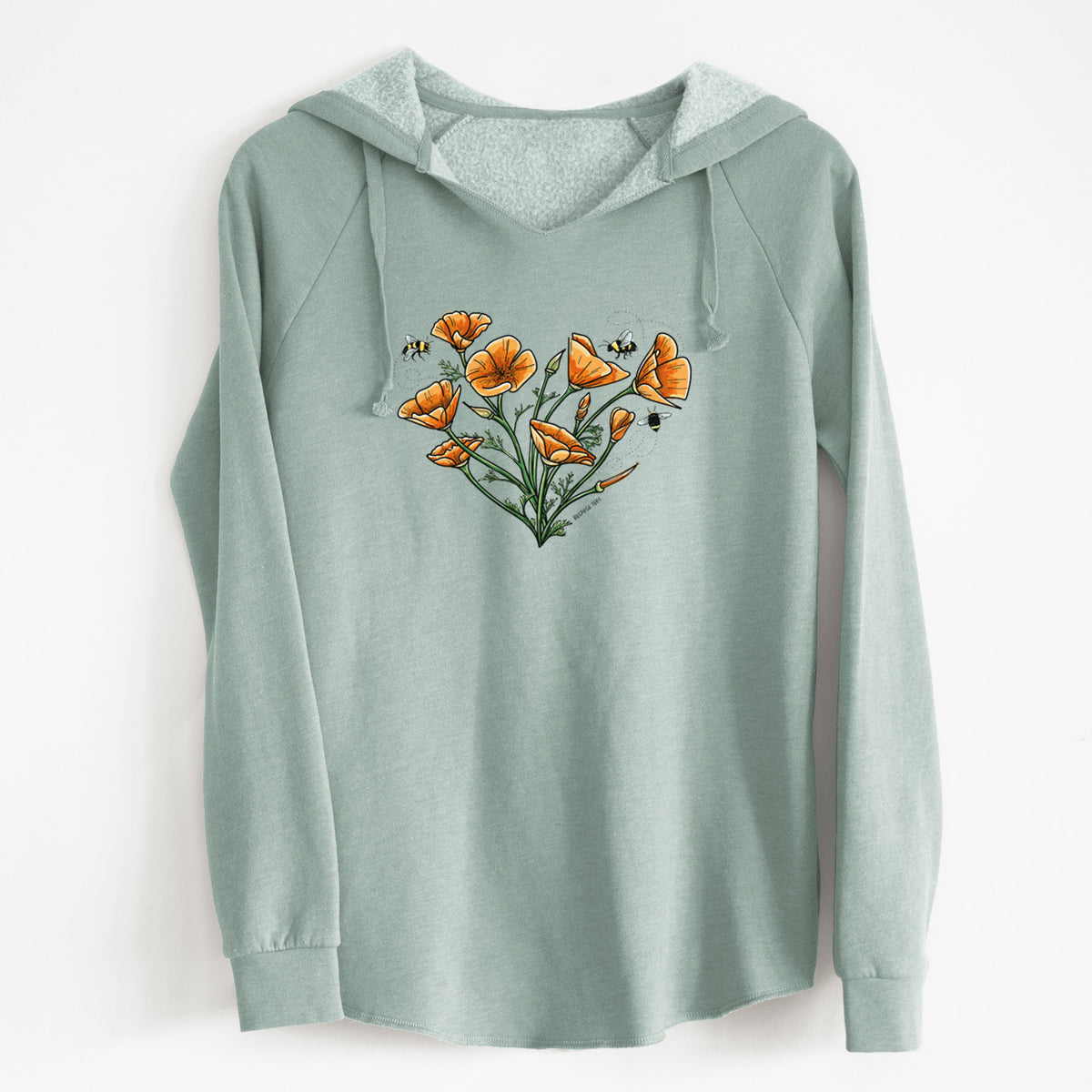 Sage green women's Cali Wave hooded sweatshirt laid flat, printed with a full-color bouquet of orange California poppies arranged in a heart shape, with small bees.