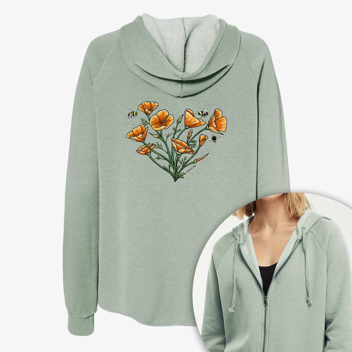 Women's Cali Wave zip-up sweatshirt printed with a full-color bouquet of orange California poppies arranged in a heart shape, with small bees, with a close-up of the zipper.