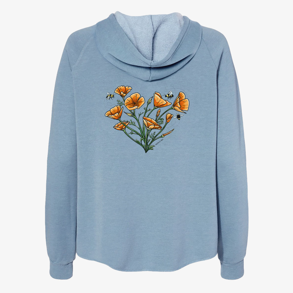 Misty blue women's Cali Wave zip-up sweatshirt laid flat, printed with a full-color bouquet of orange California poppies arranged in a heart shape, with small bees.
