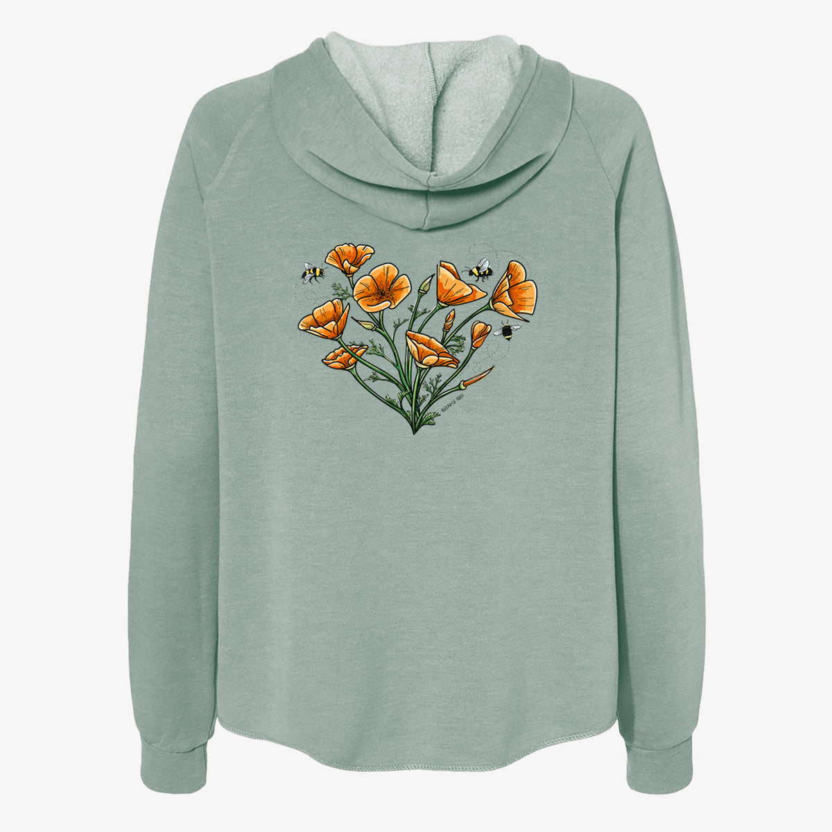 Sage green women's Cali Wave zip-up sweatshirt laid flat, printed with a full-color bouquet of orange California poppies arranged in a heart shape, with small bees.