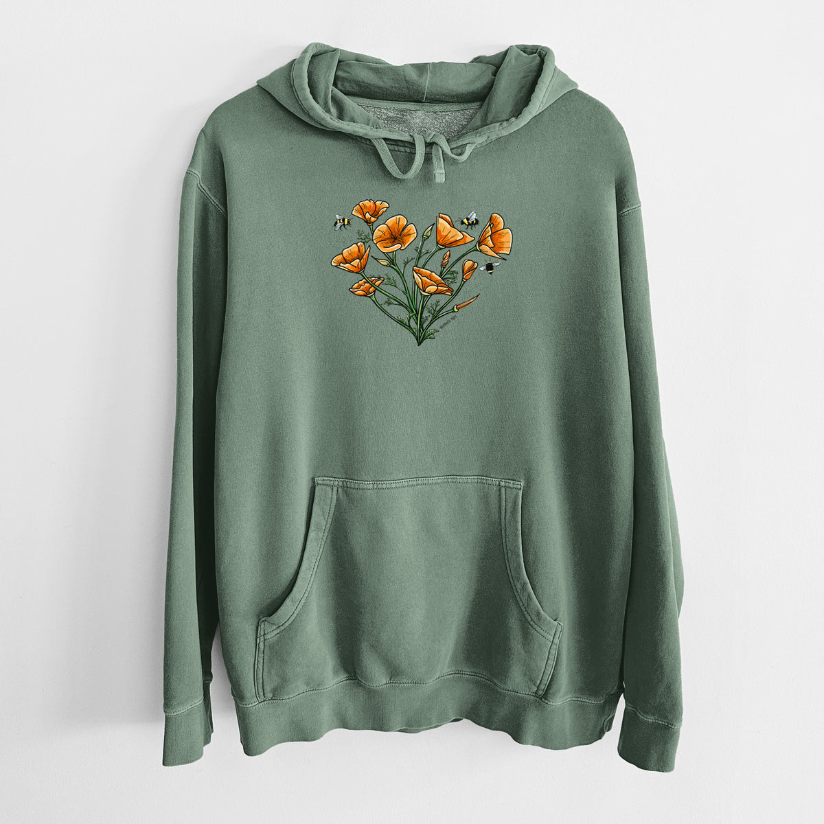 Alpine green pigment dyed hoodie laid flat, printed with a full-color bouquet of orange California poppies arranged in a heart shape, with small bees.