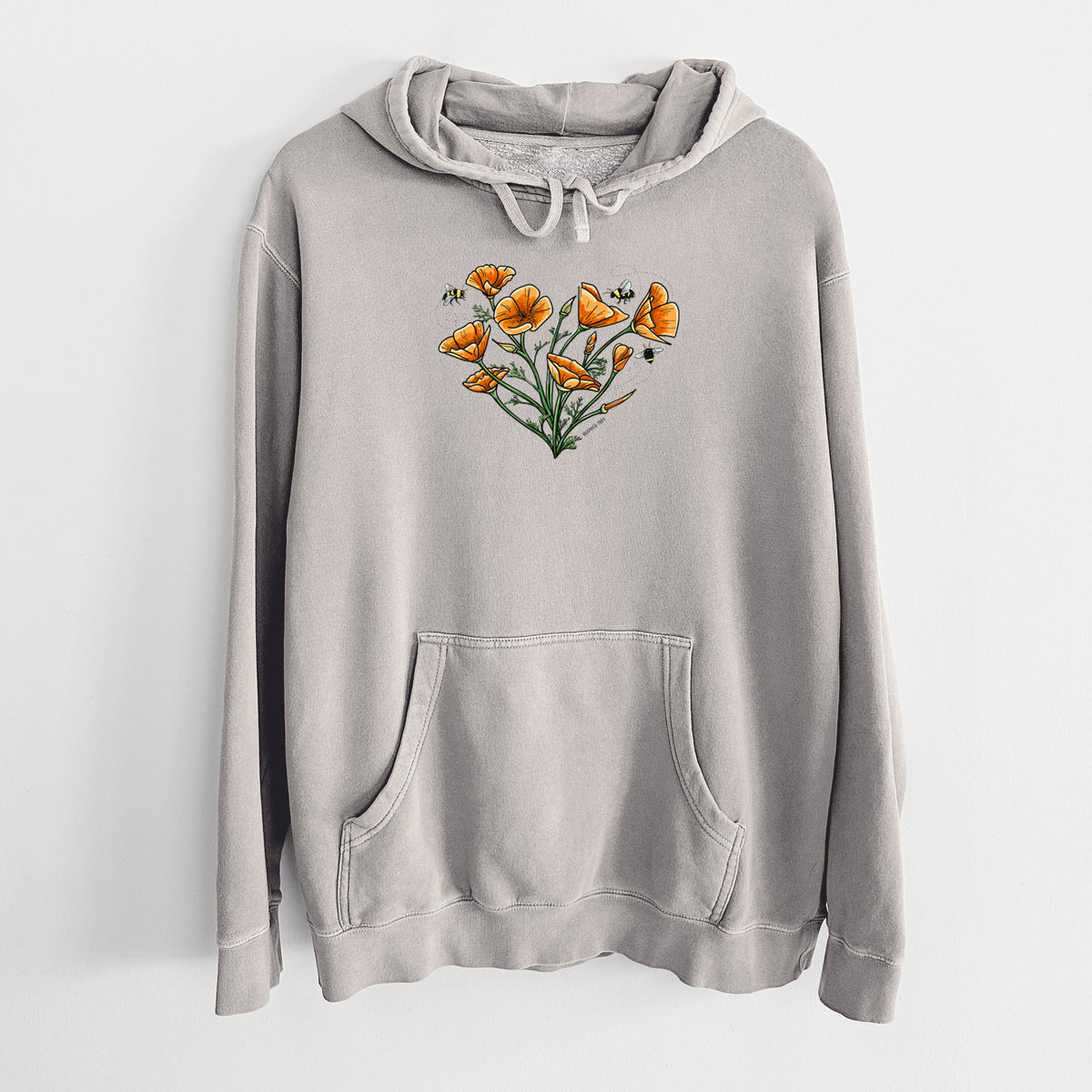 Cement grey pigment dyed hoodie laid flat, printed with a full-color bouquet of orange California poppies arranged in a heart shape, with small bees.