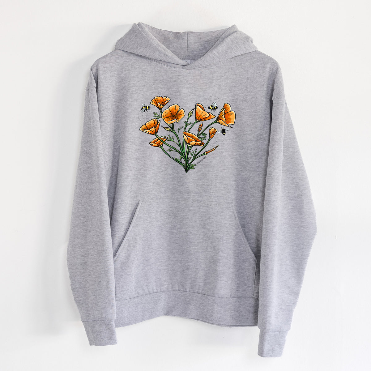 Color California Poppy Heart - Statement Midweight Hoodie in Heather Grey, hanging on a white wall, with a front kangaroo pocket and no drawcords.