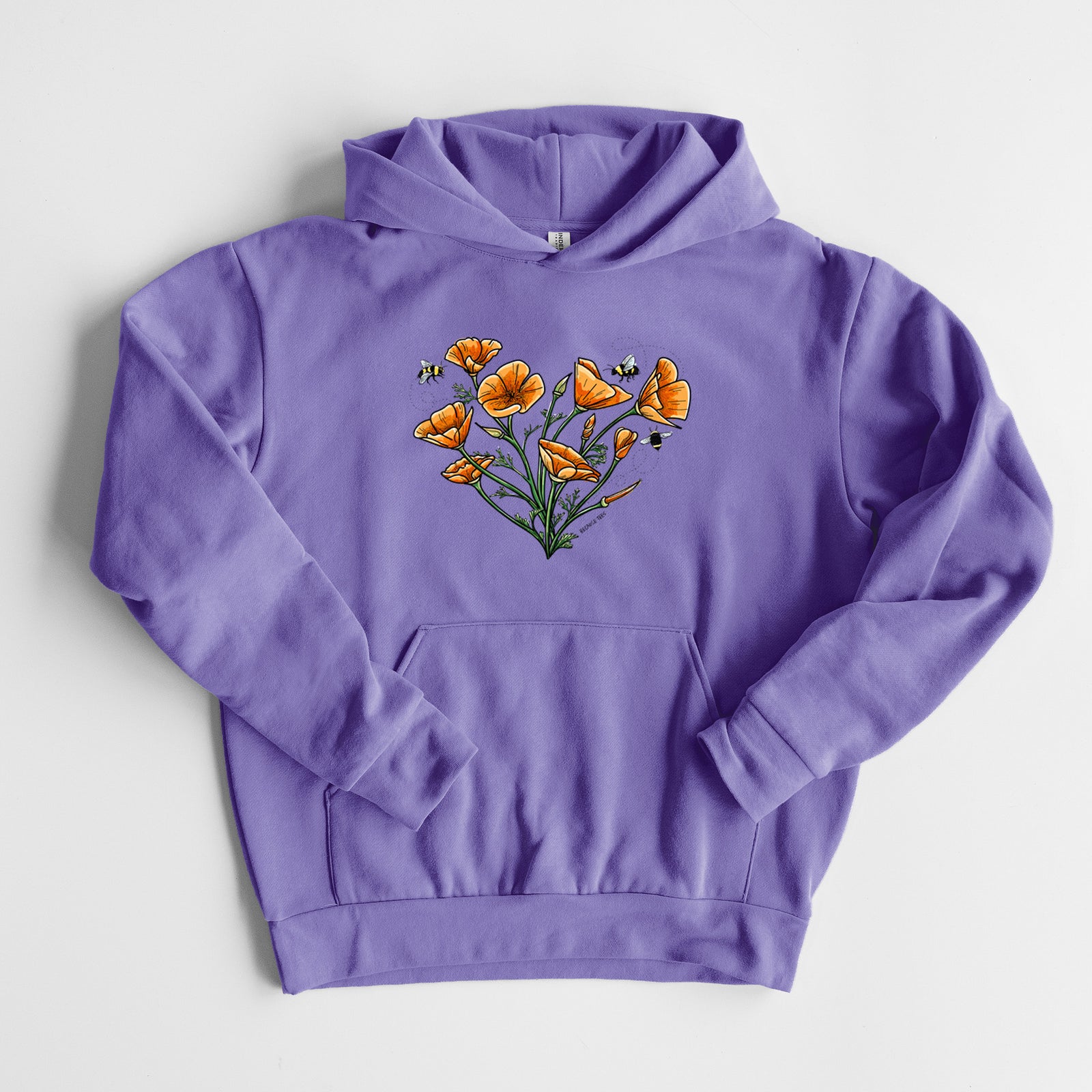 Color California Poppy Heart - Statement Midweight Hoodie in Violet, laid flat, showing the oversized boxy fit and front kangaroo pocket.