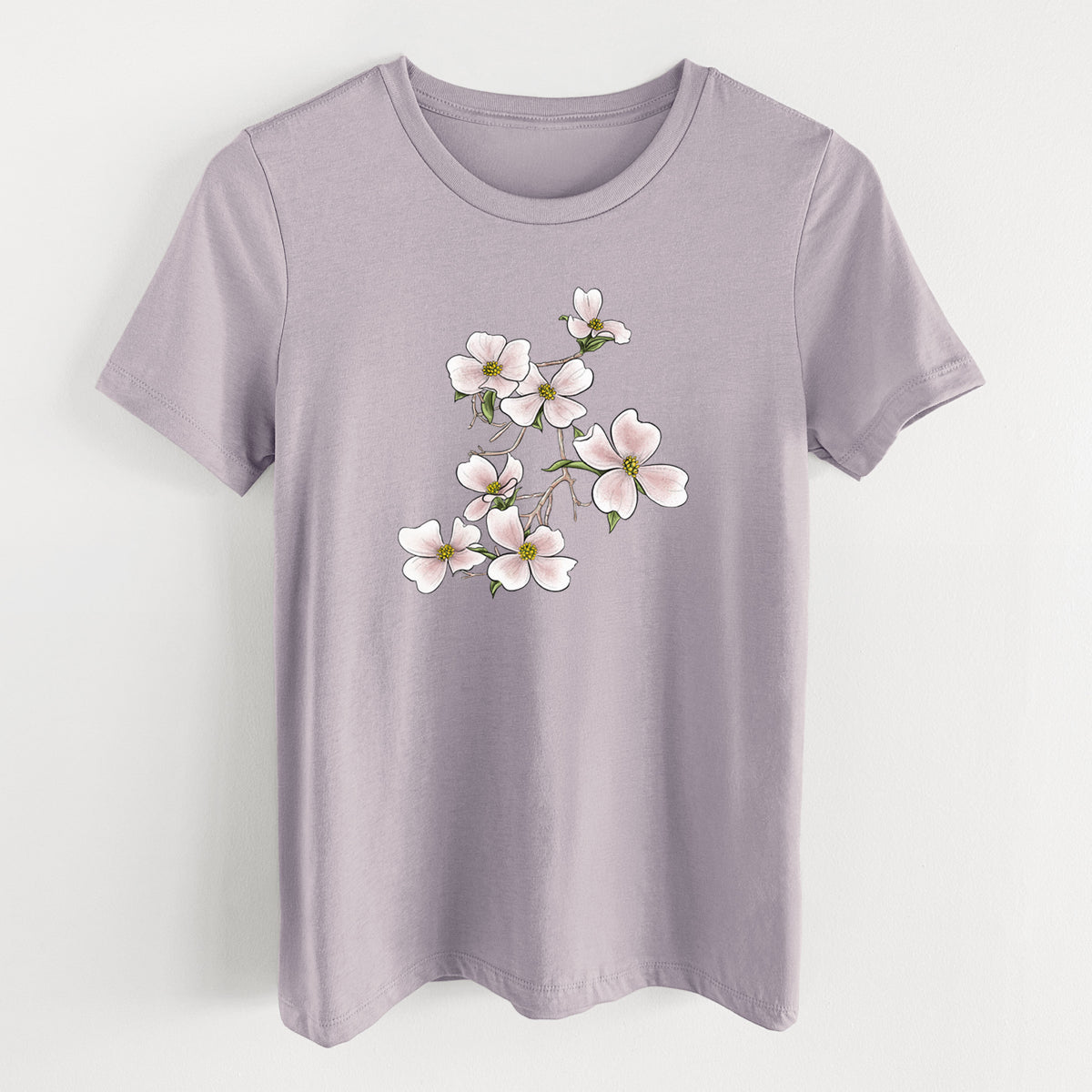 Light violet women's relaxed fit cotton t-shirt laid flat, printed with a full-color illustration of pink and white dogwood blossoms on a branch.