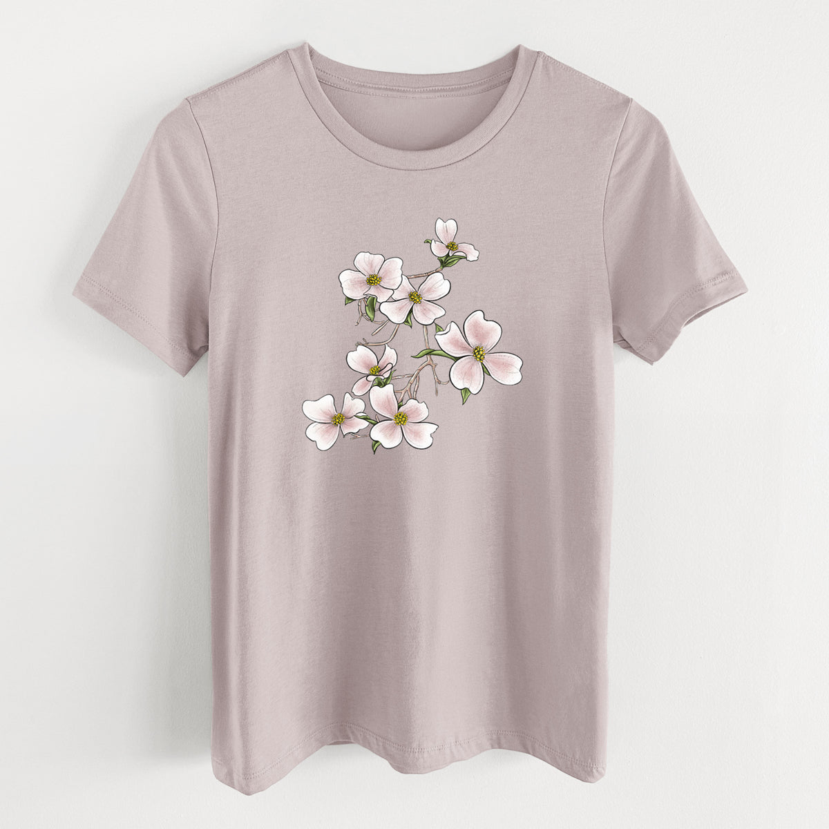Pink gravel women's relaxed fit cotton t-shirt laid flat, printed with a full-color illustration of pink and white dogwood blossoms on a branch.