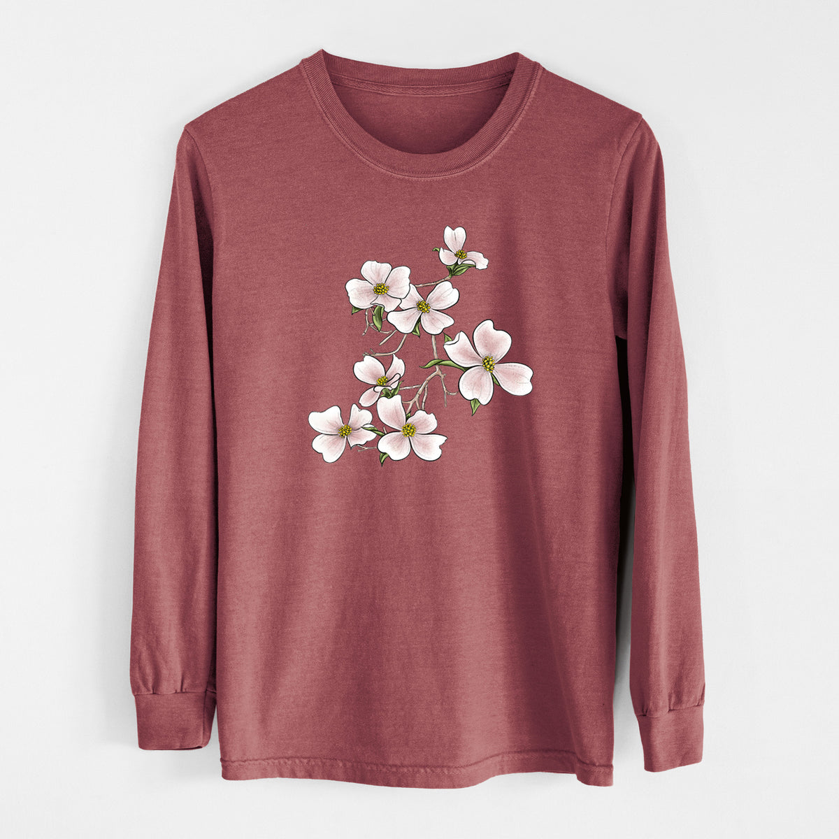 Brick red Comfort Colors long sleeve shirt laid flat, printed with a full-color illustration of pink and white dogwood blossoms on a branch.