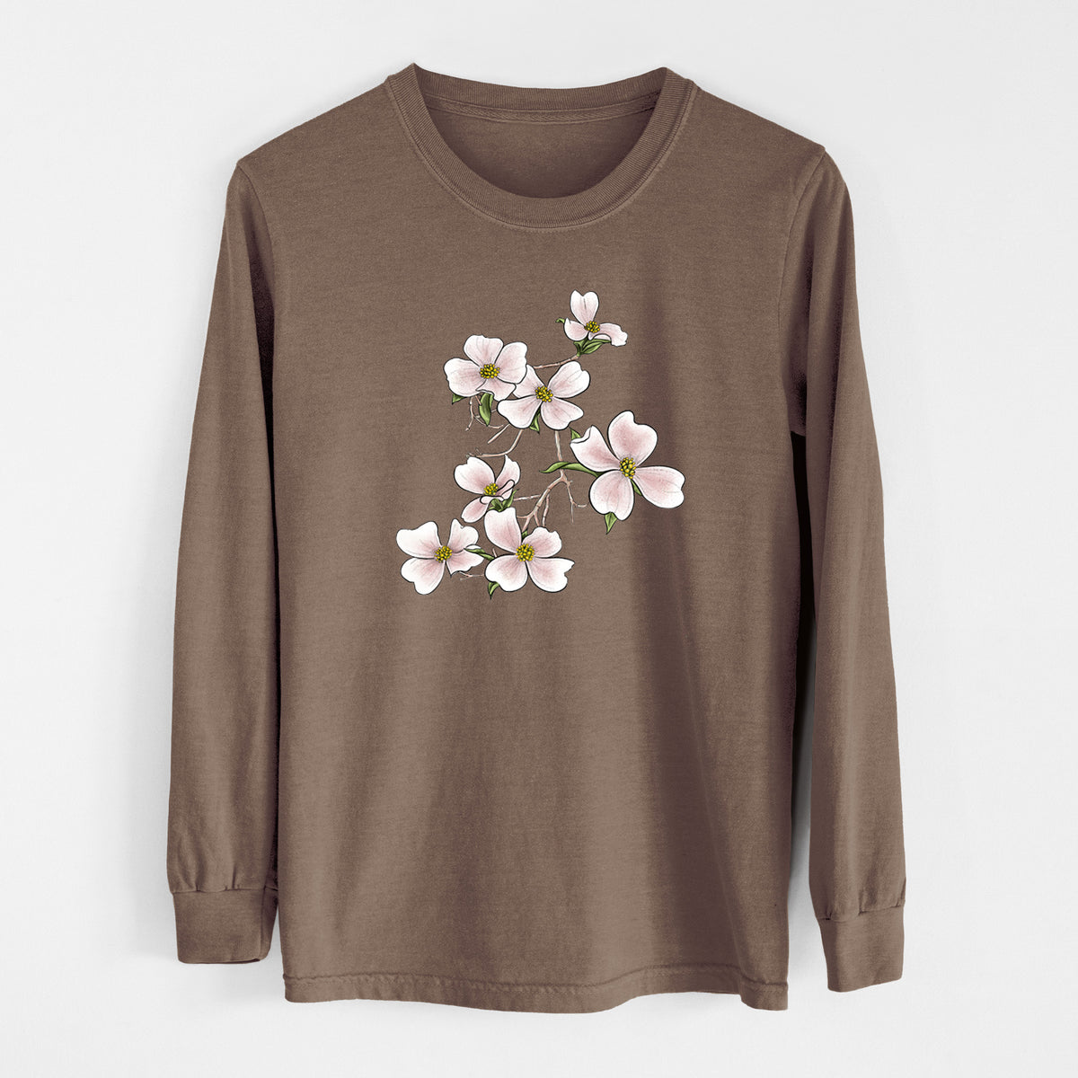 Espresso brown Comfort Colors long sleeve shirt laid flat, printed with a full-color illustration of pink and white dogwood blossoms on a branch.